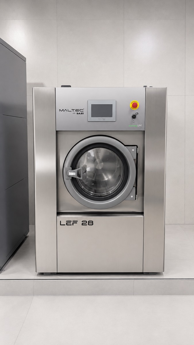 Lavadora extratora industrial Maltec LEF 28, em inox, com porta aberta